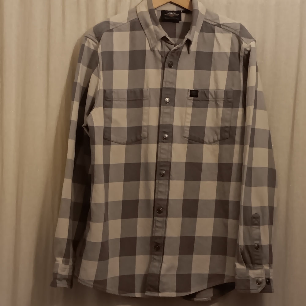 HARLEY DAVIDSON Grey Plaid Snap On Button Long Sleeve Shirt Mens SZ L - Picture 2 of 5